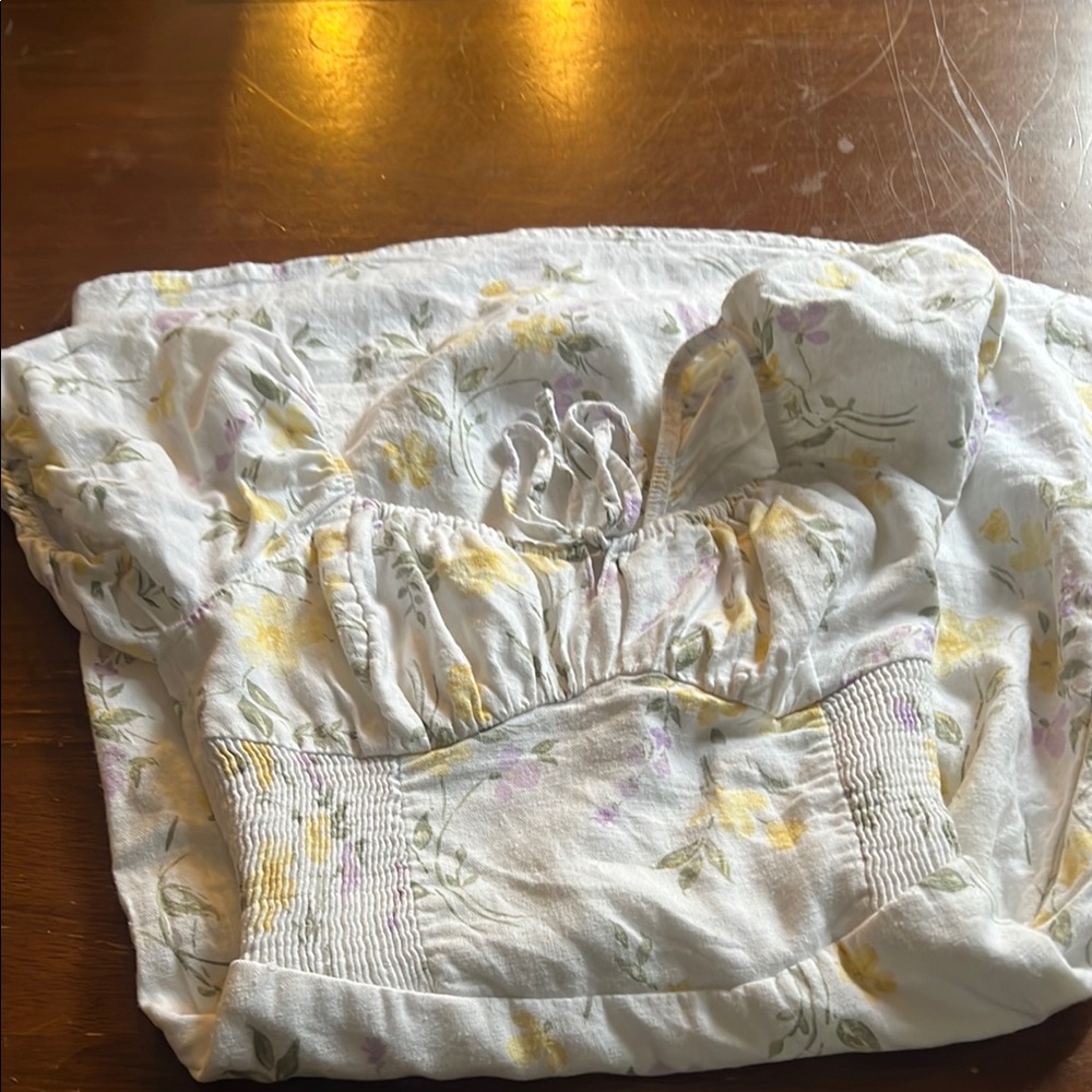 Hollister White and Yellow Mini Dress with Ruched Details